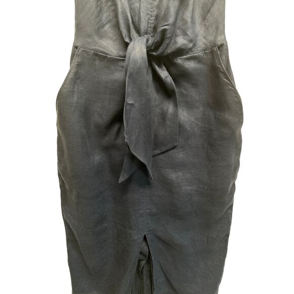 Reiss Navy Linen Tie Front Midi Dress Size 2 Adjustable Straps V-Neck Slit Hem - Picture 3 of 14